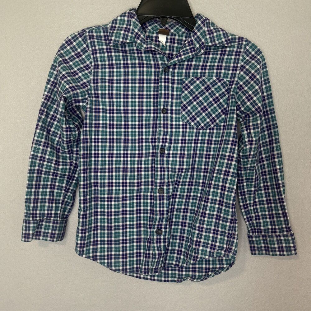 Tea Collection Button Down Long‎ Sleeve Shirt Boys Sz 10 Blue Green 1 Pocket EUC